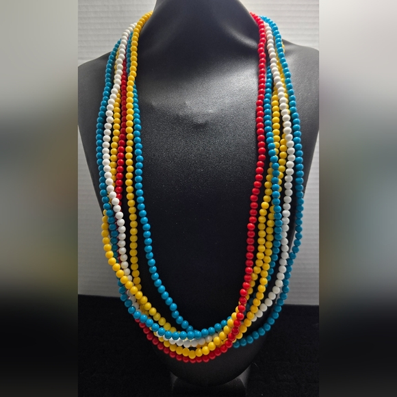 Vintqge Multi-color Multi-stand (6) Barrel Clasp Necklace Yellow White Red Turq. - Picture 2 of 7